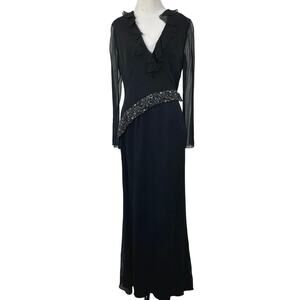 Black Long Sleeve Ruffle V-Neck Evening Gown with Beaded Waist
